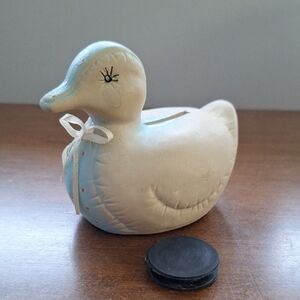 Charming Cream and Blue Duck Figurine, Bank Slot For Teaching, Vintage 90s.